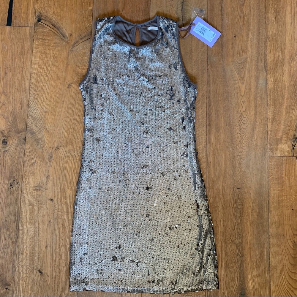 Bronze, fitted, sequin dress